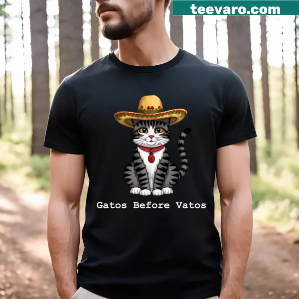Typography tee with the quote 'Gatos Before Vatos' and kitten graphics