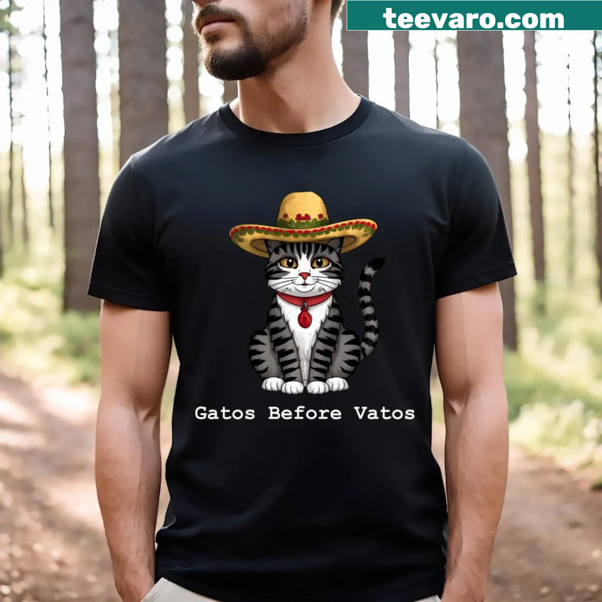 Typography tee with the quote 'Gatos Before Vatos' and kitten graphics — on a men's t-shirt