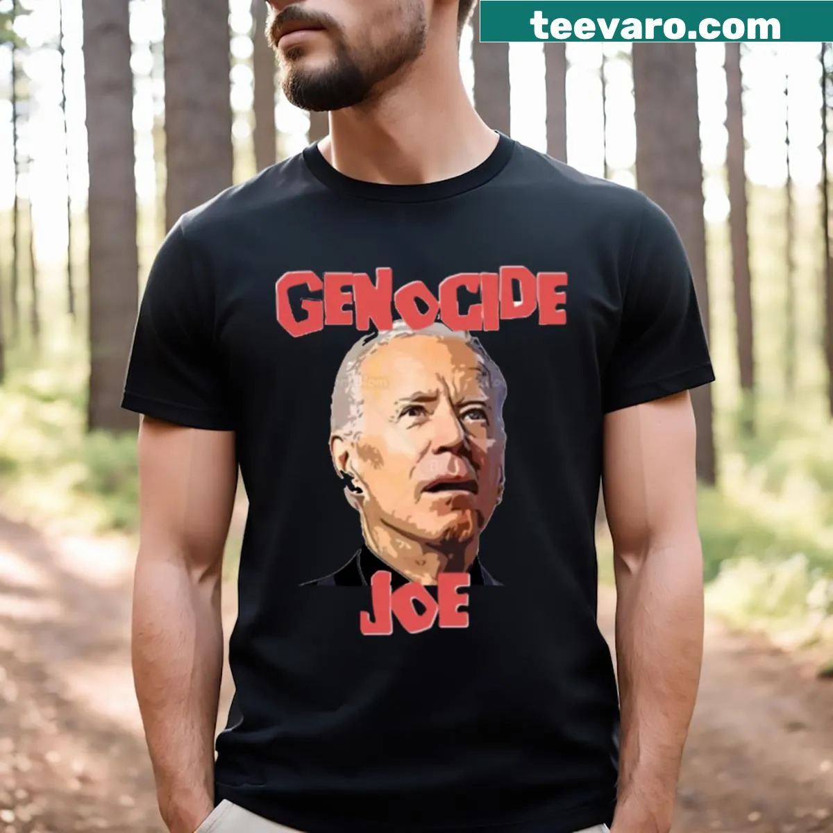 Typography t-shirt featuring the phrase 'Genocide Joe' — on a men's t-shirt
