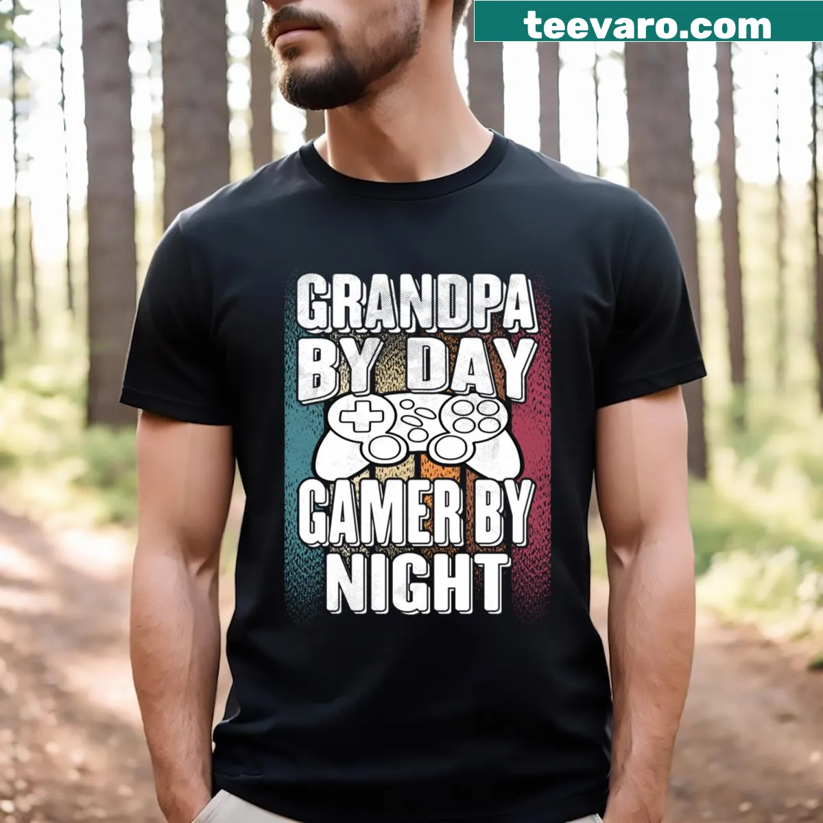 Clever typography t-shirt for dads who are grandpas by day and gamers by night — on a men's t-shirt