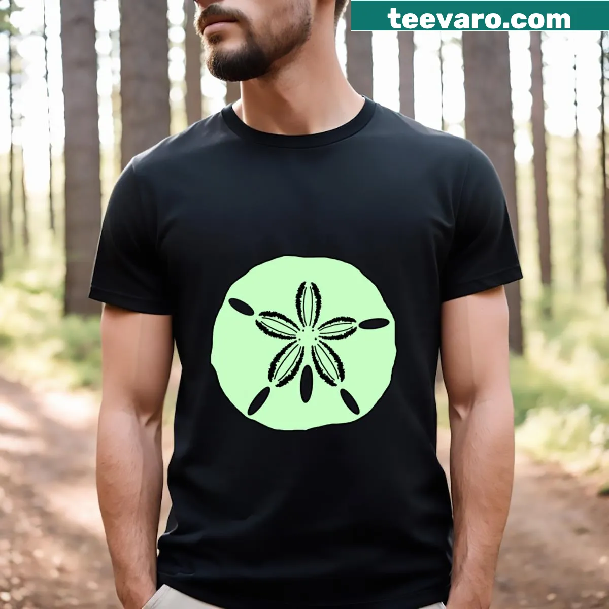 Illustrated green sand dollar on a t-shirt — on a men's t-shirt