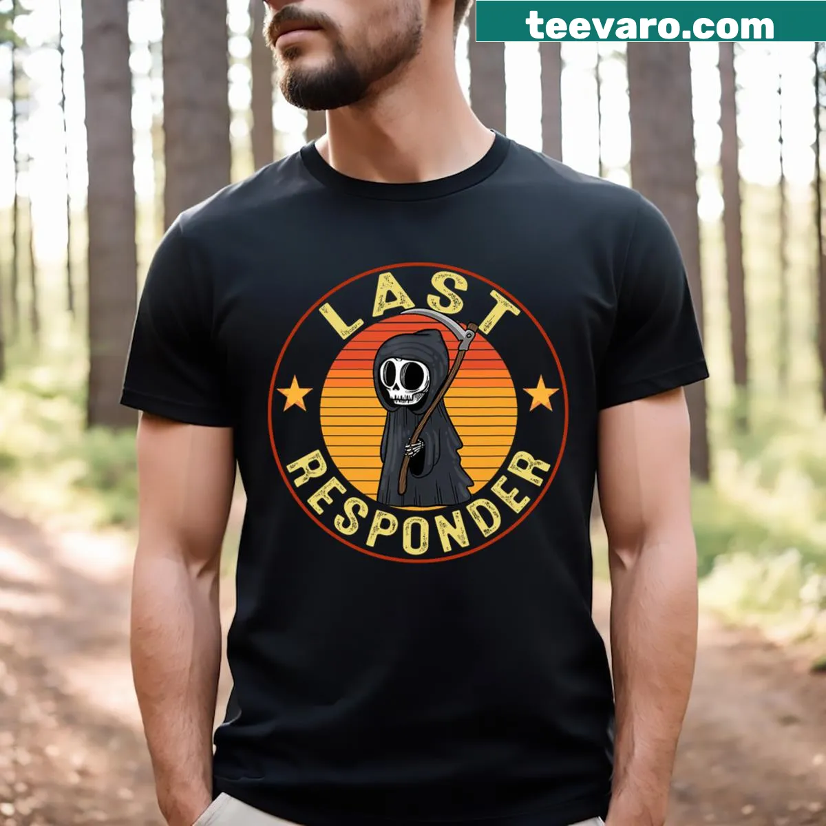 Vintage distressed Grim Reaper t-shirt with dark humor text — on a men's t-shirt