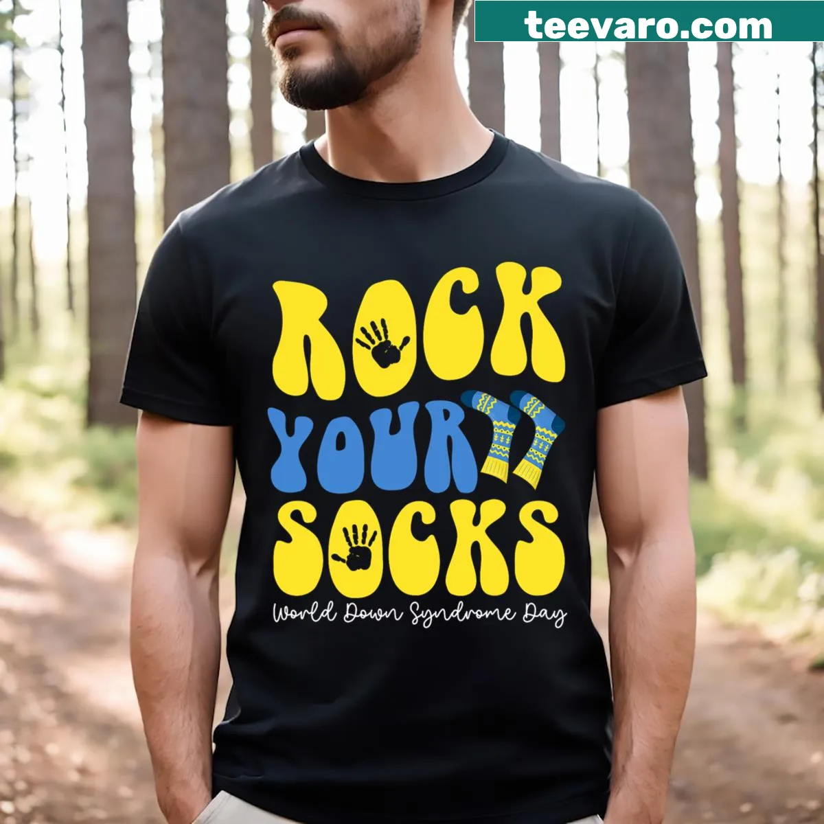 Illustrative graphic for Down Syndrome Awareness Day featuring playful design — on a men's t-shirt