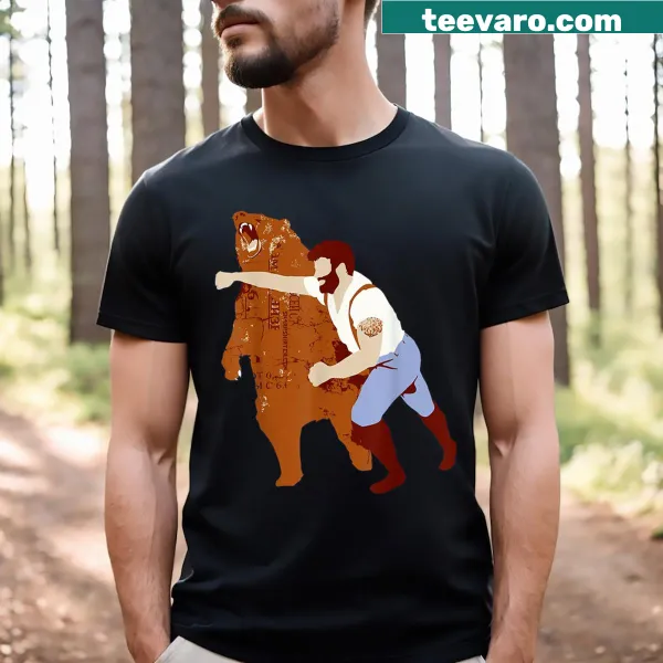 Graphic of a man punching a bear, bold and edgy design