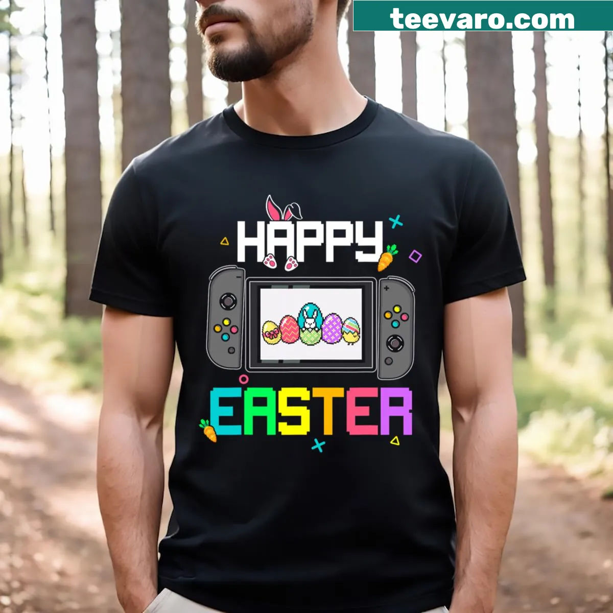 Cute bunny Easter graphic with gaming elements for kids — on a men's t-shirt