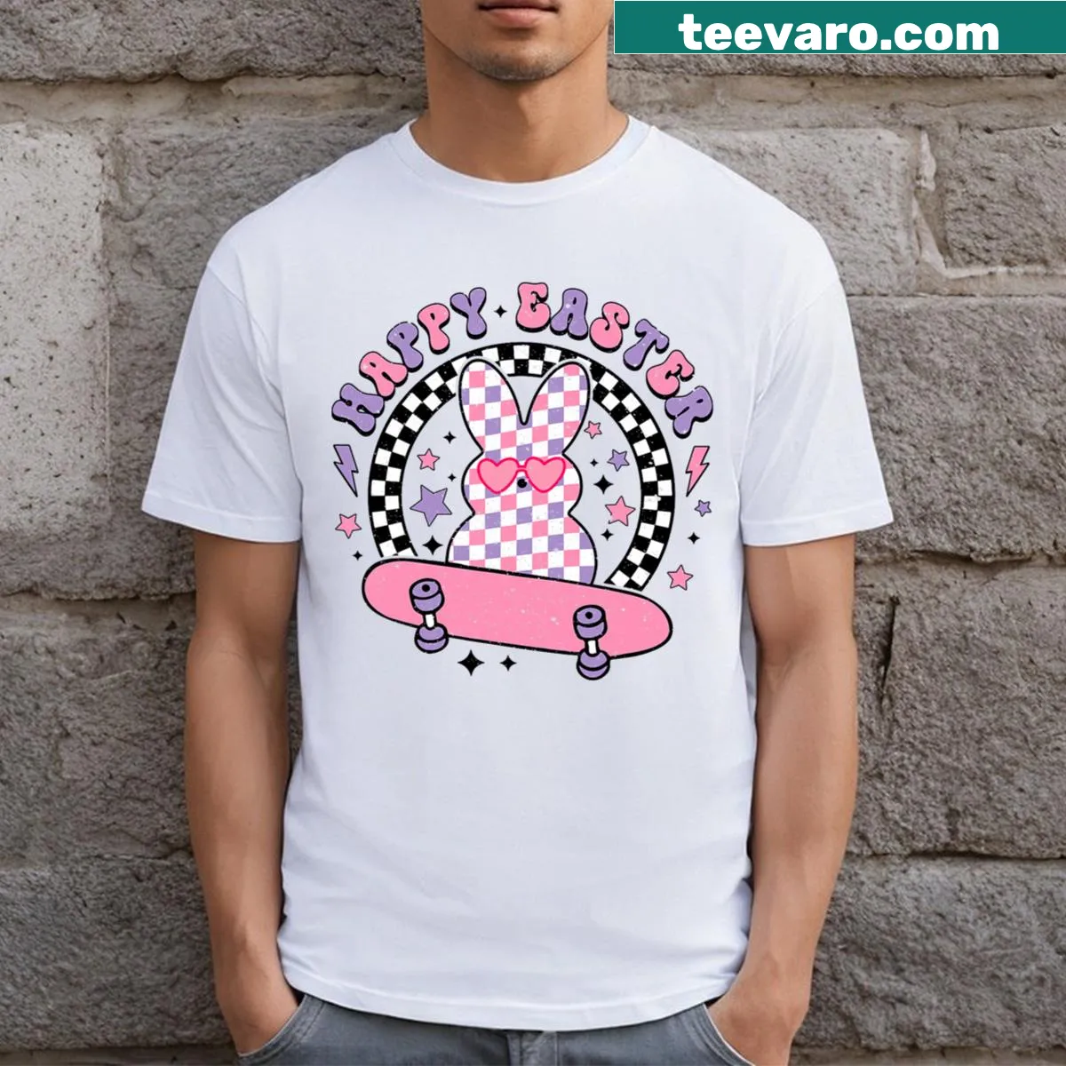 Funny faced bunny and cool egg design for kids — on a men's t-shirt