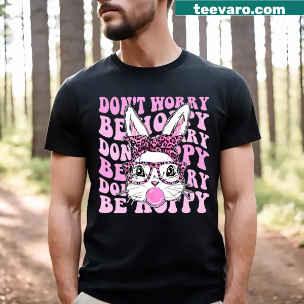 Groovy bunny face with 'Don't Worry Be Hoppy' text on T-shirt