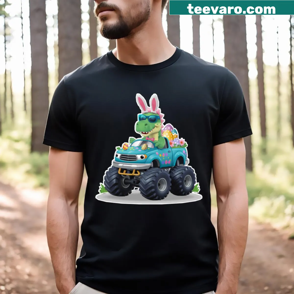 Funny Easter t-shirt with a dinosaur monster truck design — on a men's t-shirt