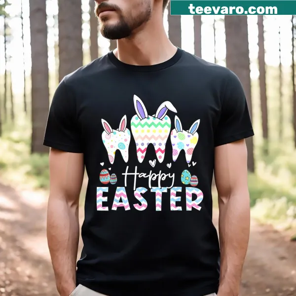 Whimsical Easter shirt with a rabbit, tooth graphic, and colorful eggs