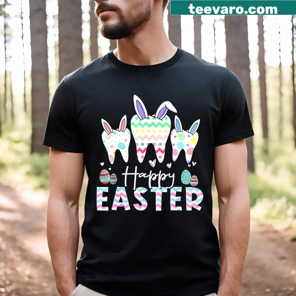 Whimsical Easter shirt with a rabbit, tooth graphic, and colorful eggs — on a men's t-shirt