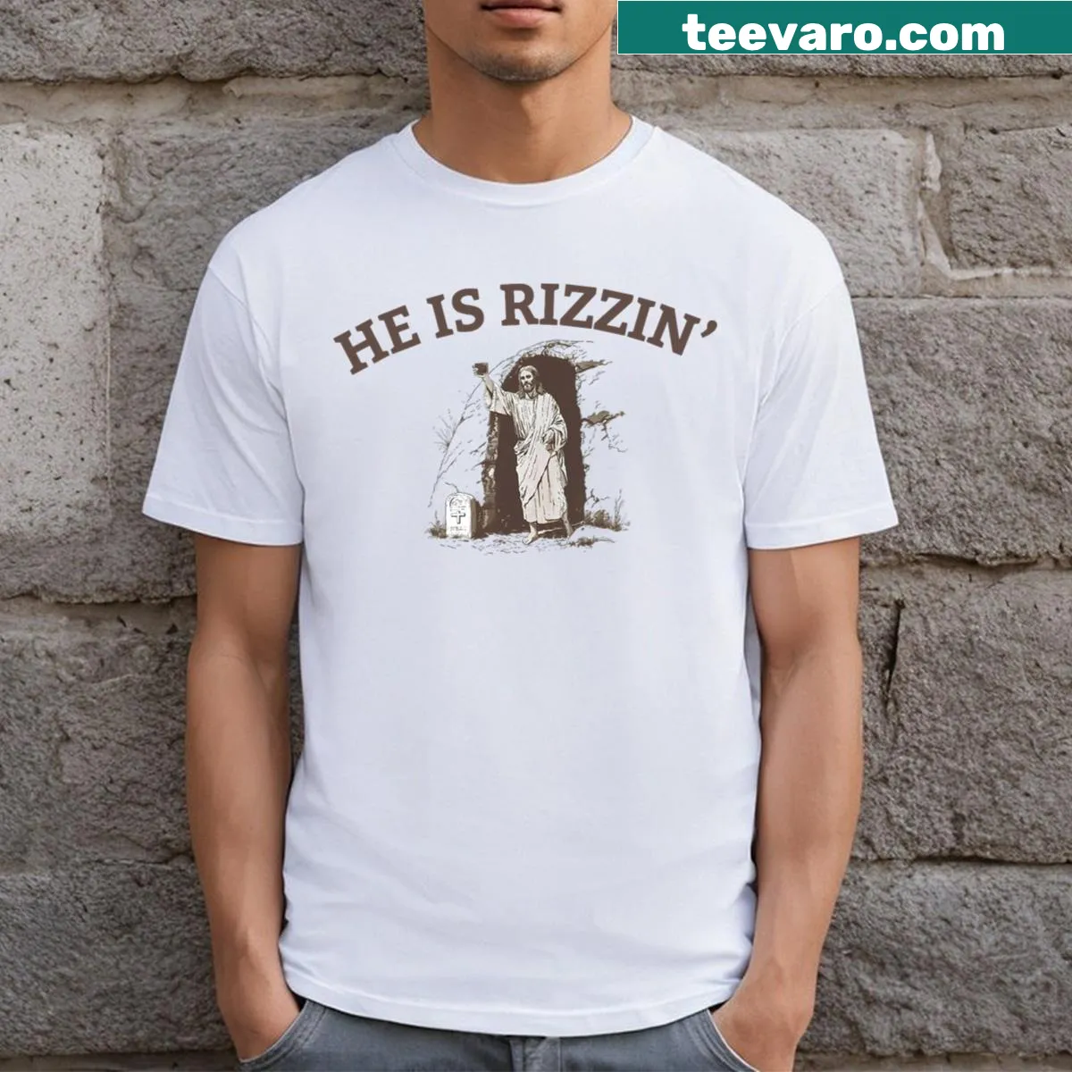 Funny Easter Jesus t-shirt showing Him taking a selfie at the tomb with 'He Is Rizzin' text — on a men's t-shirt