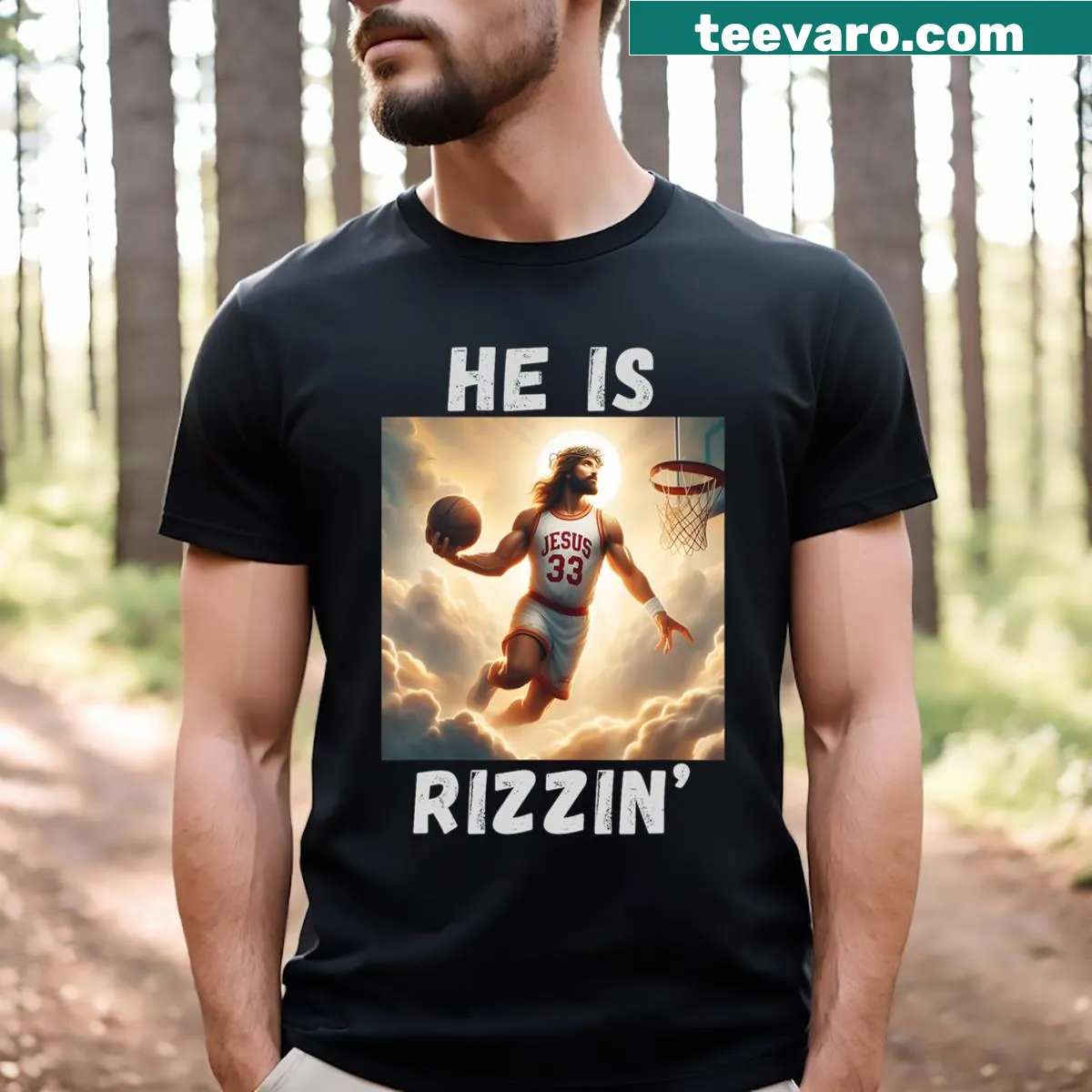 Funny Jesus t-shirt showing Christ playing basketball and text about Rizzin — on a men's t-shirt