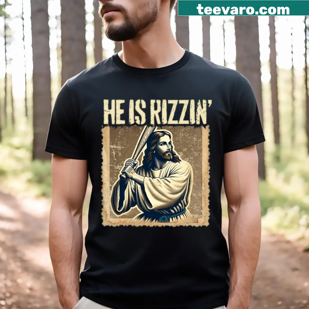 Funny T-shirt of Jesus playing baseball for kids. — on a men's t-shirt