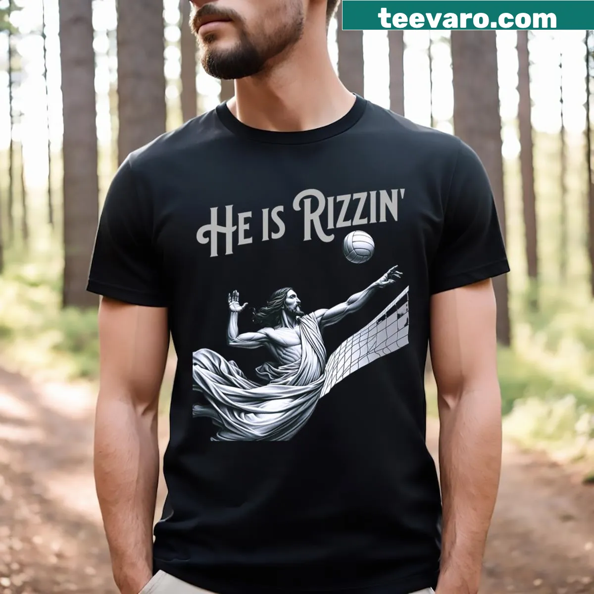Funny sports-themed Jesus playing volleyball T-shirt — on a men's t-shirt