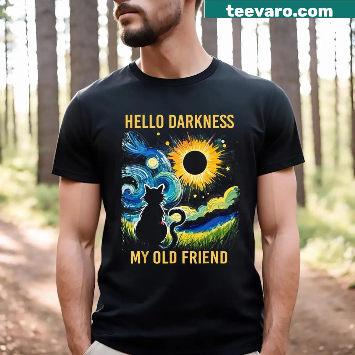 Funny cat T-shirt featuring a whimsical phrase about darkness — on a men's t-shirt