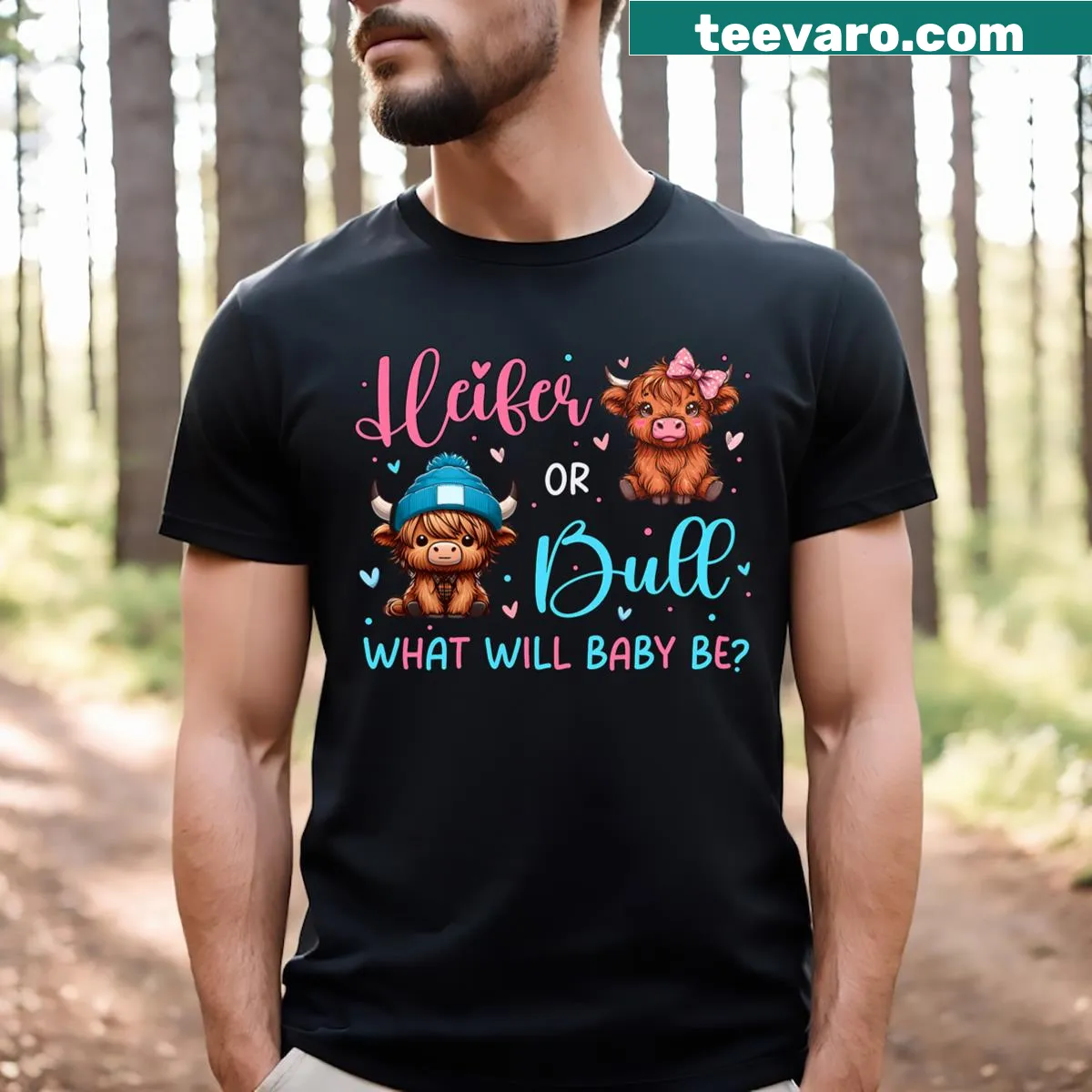 Highland cow print T-shirt asking 'Heifer or Bull? What Will Baby Be?' — on a men's t-shirt