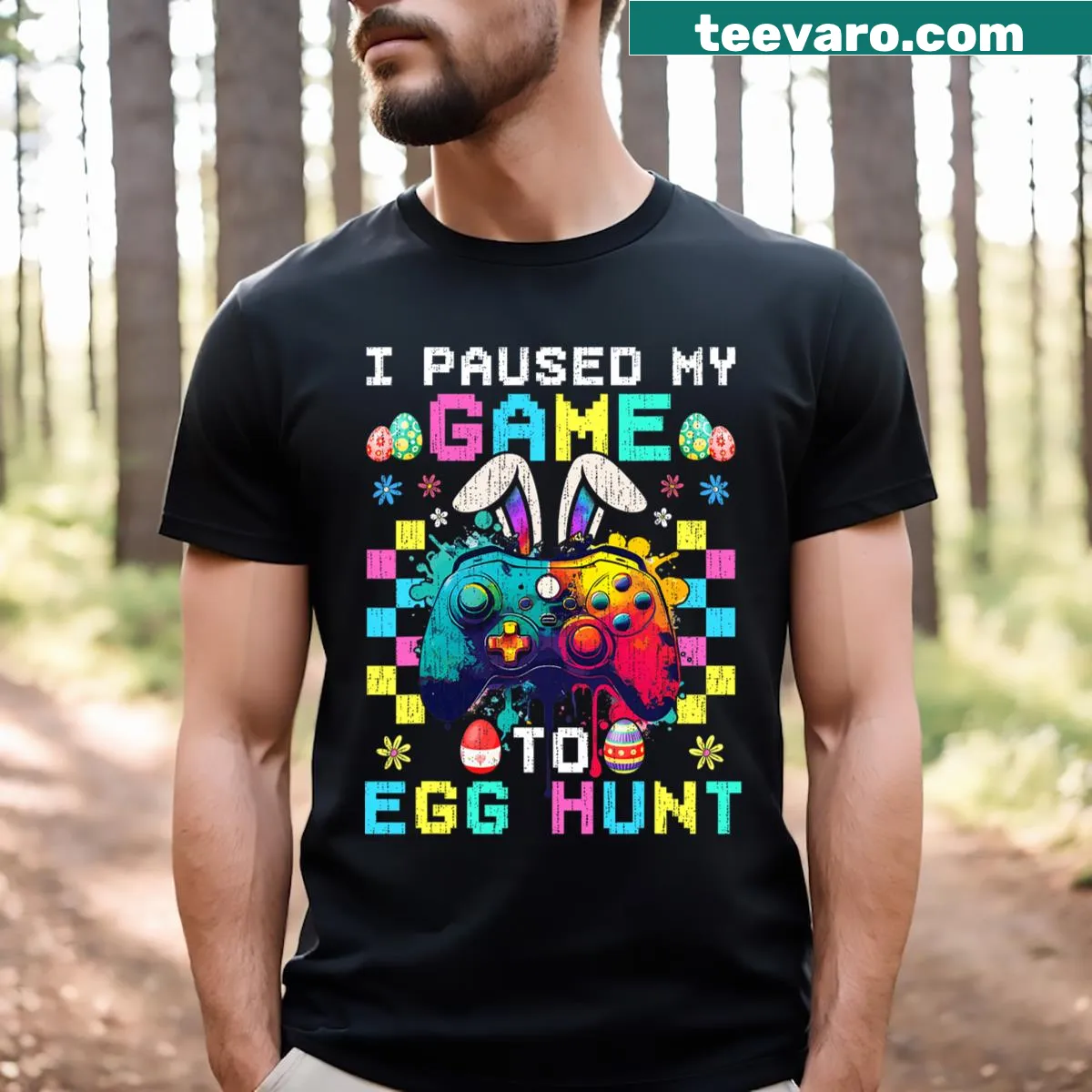 Funny gamer t-shirt for kids about Easter egg hunting — on a men's t-shirt