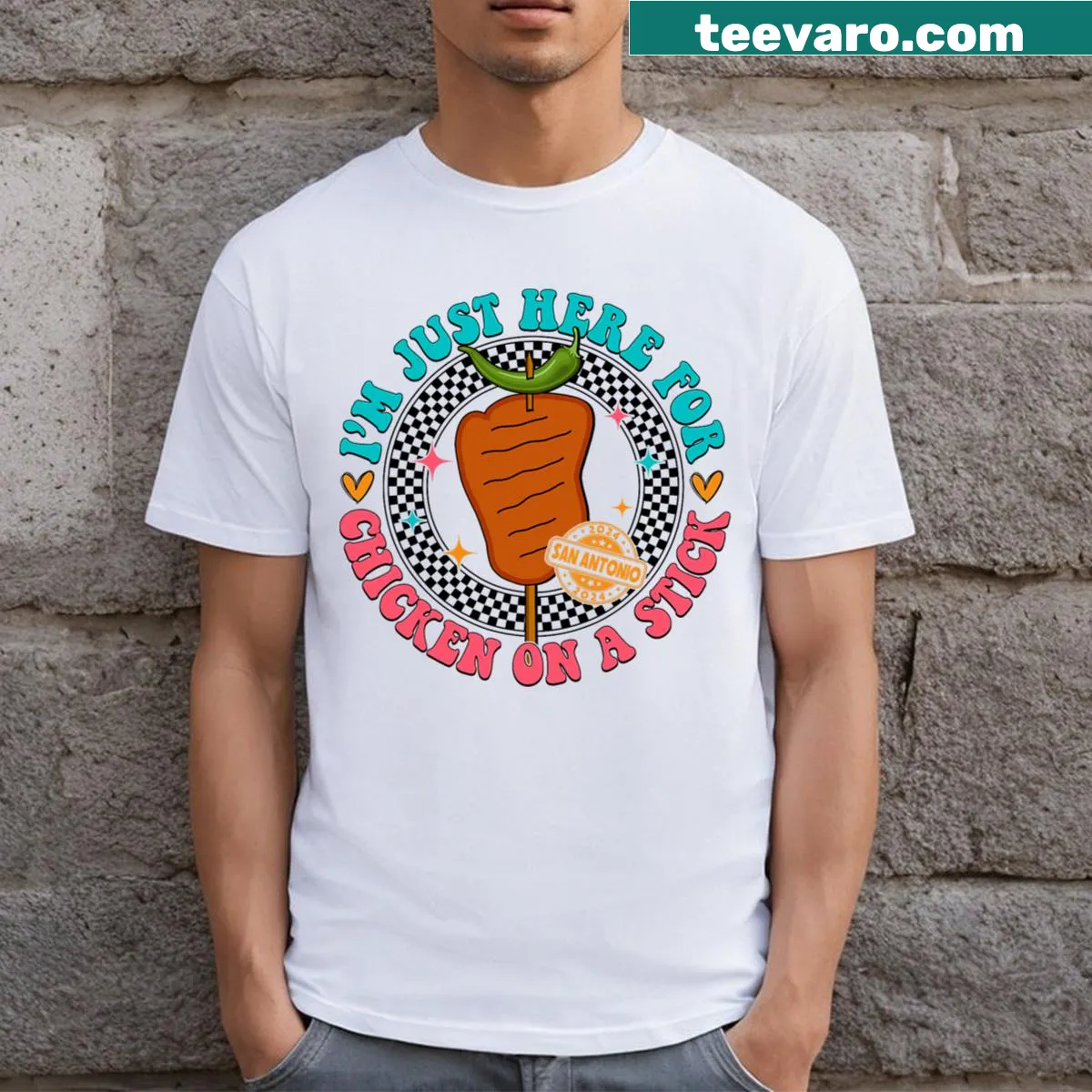 Funny shirt celebrating chicken on a stick for Fiesta — on a men's t-shirt