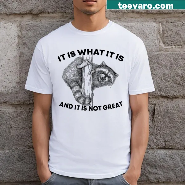 Funny raccoon t-shirt with text: 'It Is What It Is And It Is Not Great.'