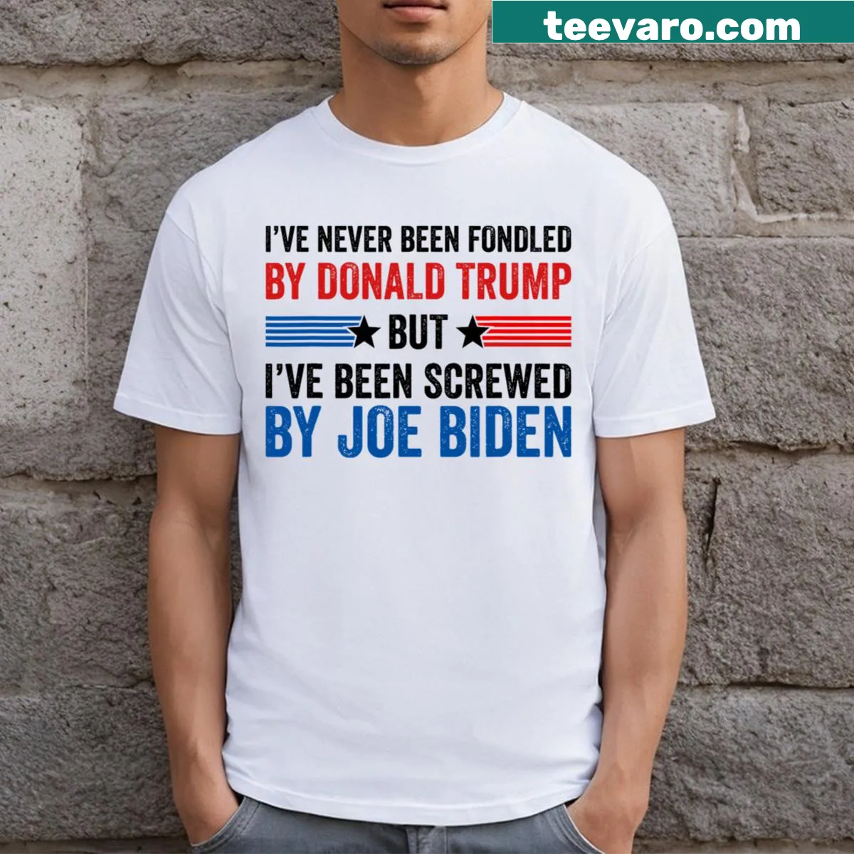 Witty political quote T-shirt with bold text — on a men's t-shirt