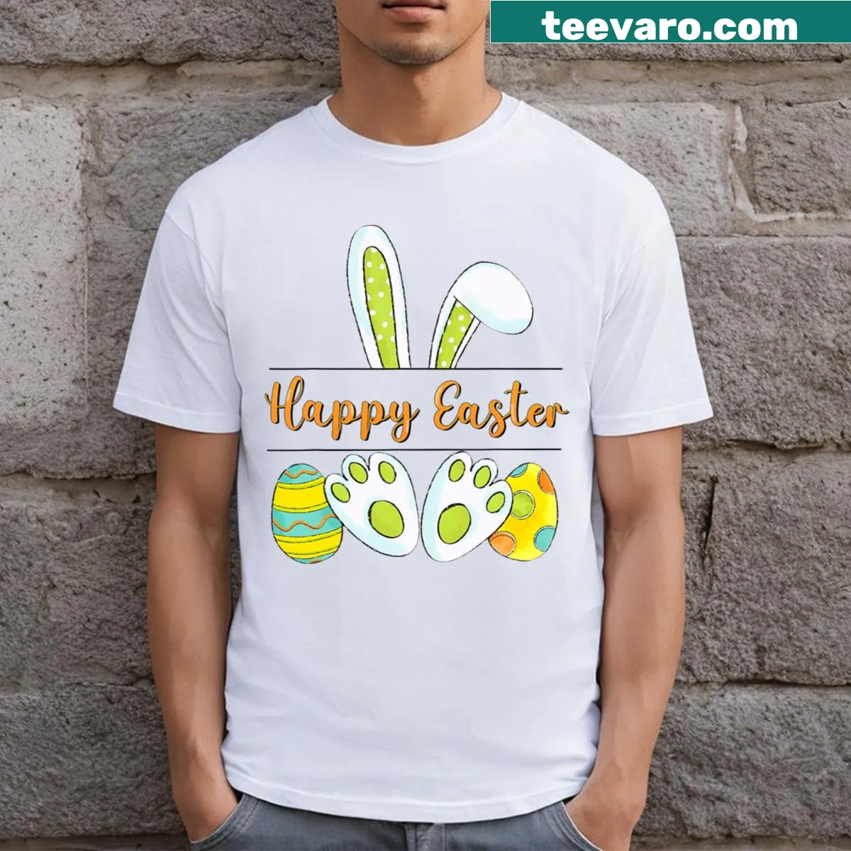 Happy Easter t-shirt for kids featuring floral bunny and cute leopard — on a men's t-shirt