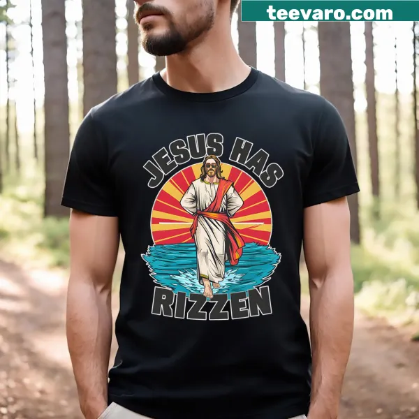 Easter-themed shirt with the phrase 'Jesus Has Rizzen' in bold text