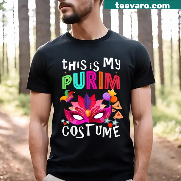T-shirt saying 'This Is My Purim Costume' with a hamantaschen design.