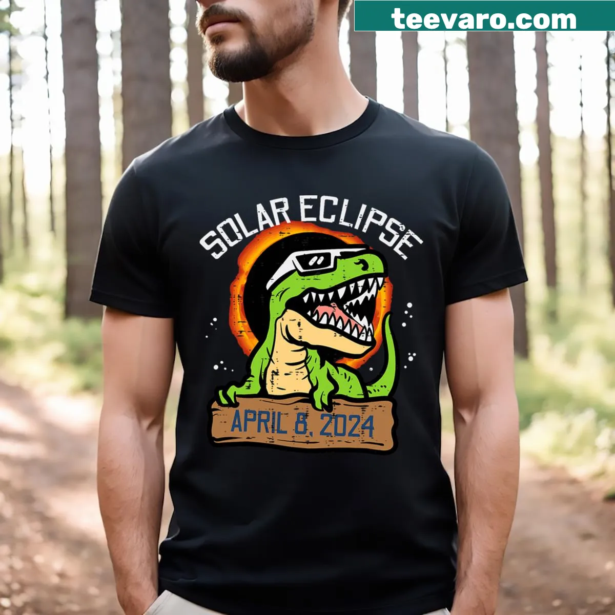 Dinosaur T-Rex graphic t-shirt celebrating the solar eclipse — on a men's t-shirt