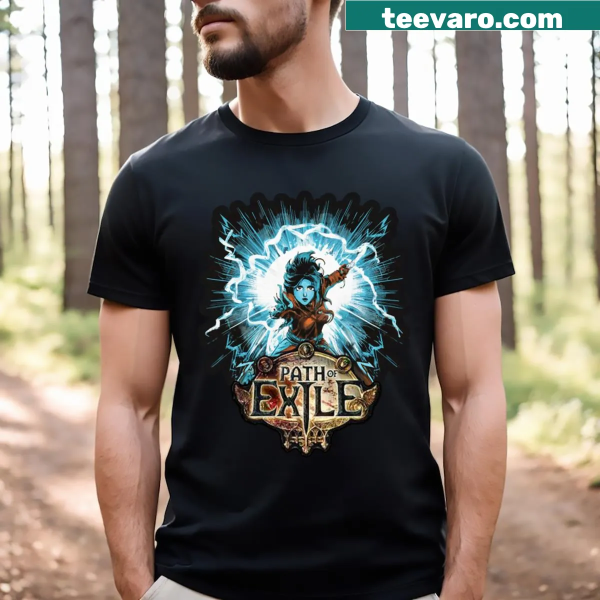 Illustrative T-shirt featuring dynamic lightning tendrils — on a men's t-shirt