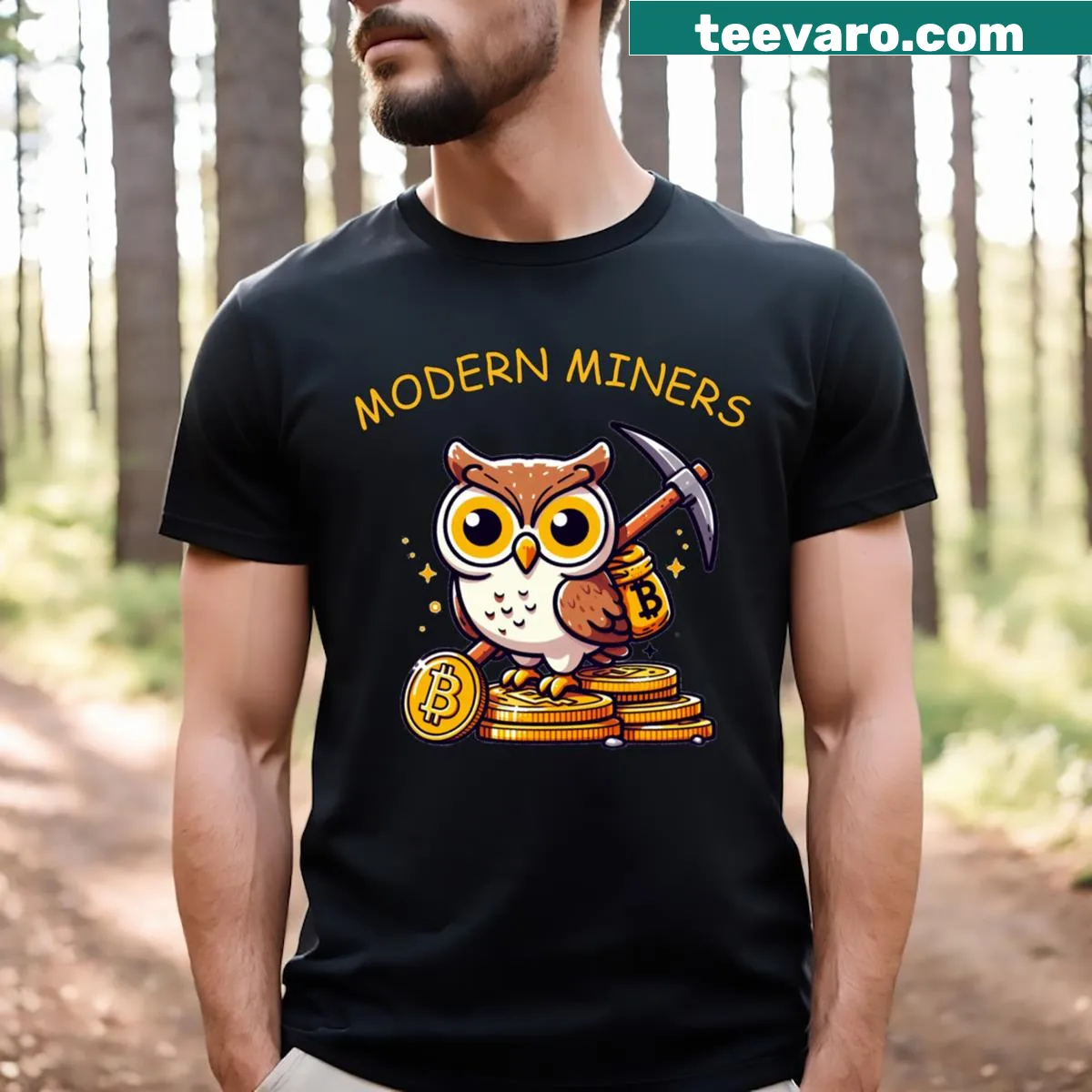 Whimsical T-shirt with an owl graphic mining Bitcoin. — on a men's t-shirt