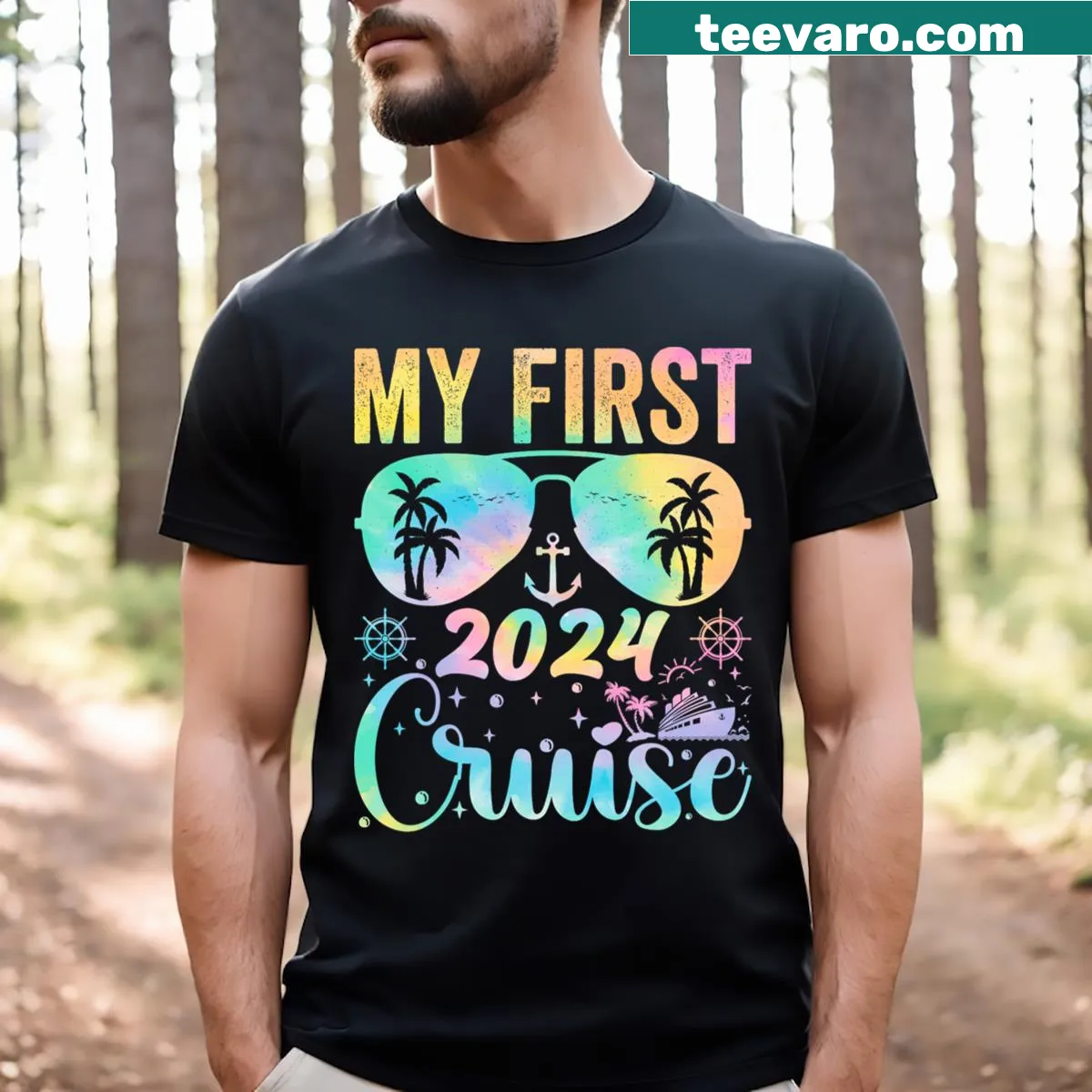 Matching family T-shirt with a cruise ship illustration for vacation — on a men's t-shirt