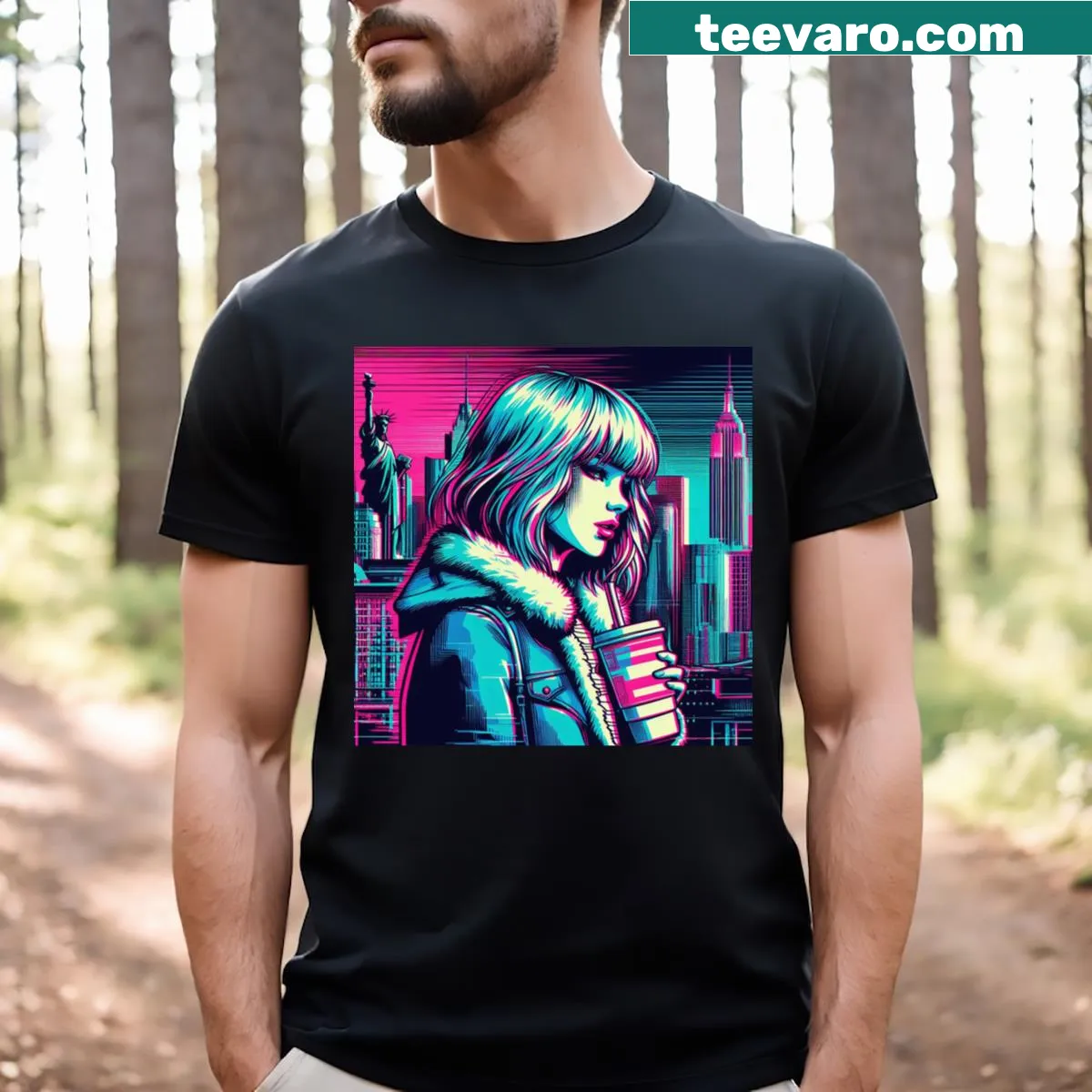 Neon glitch typography design expressing love for coffee — on a men's t-shirt