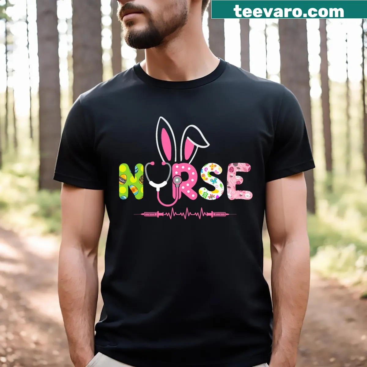 Easter design with bunny, egg, and stethoscope for nurses — on a men's t-shirt