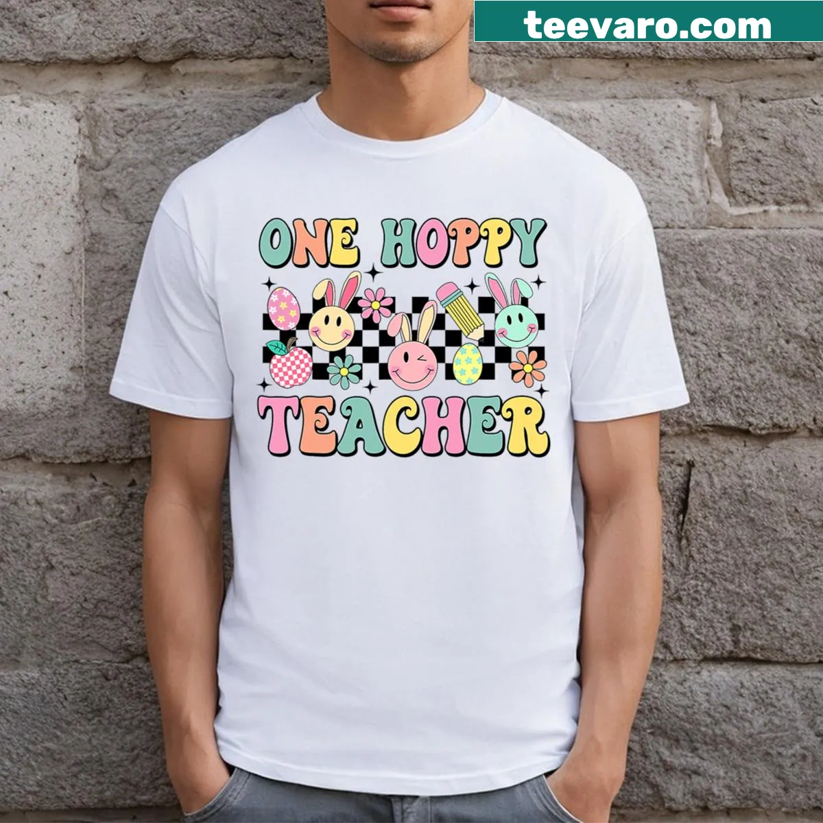 Retro bunny-themed Easter teacher t-shirt for boys and girls — on a men's t-shirt