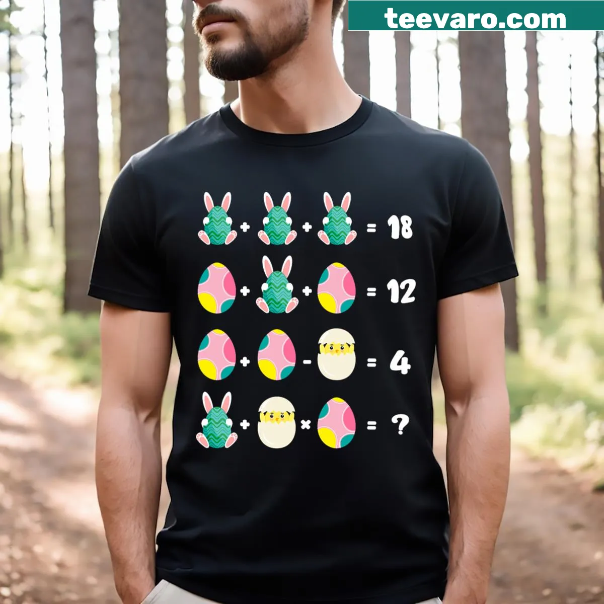 Easter-themed math teacher t-shirt with chicken and rabbit illustration — on a men's t-shirt