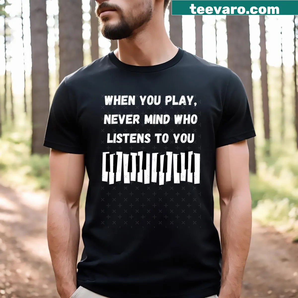 Inspirational quote on piano keys graphic t-shirt — on a men's t-shirt