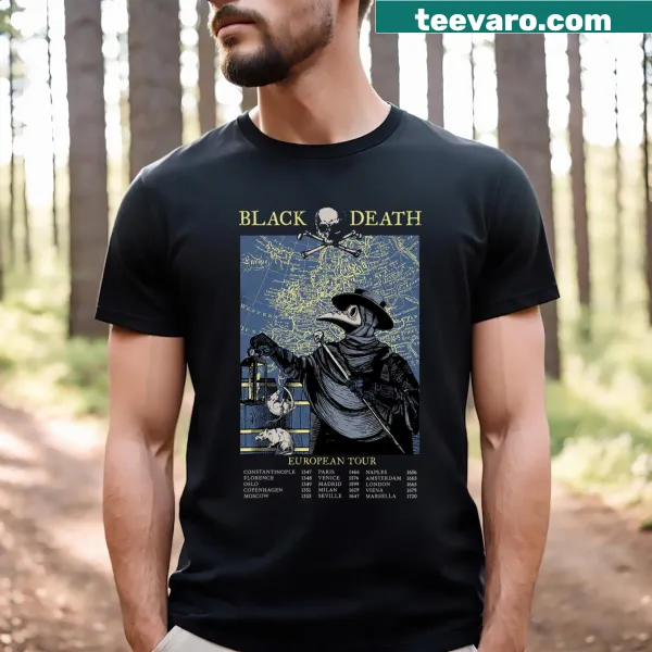 Plague mask doctor t-shirt with Black Death European tour design