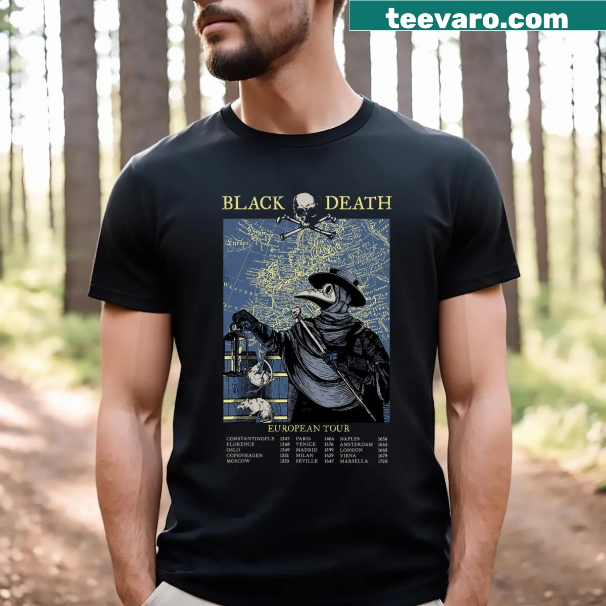 Plague mask doctor t-shirt with Black Death European tour design — on a men's t-shirt