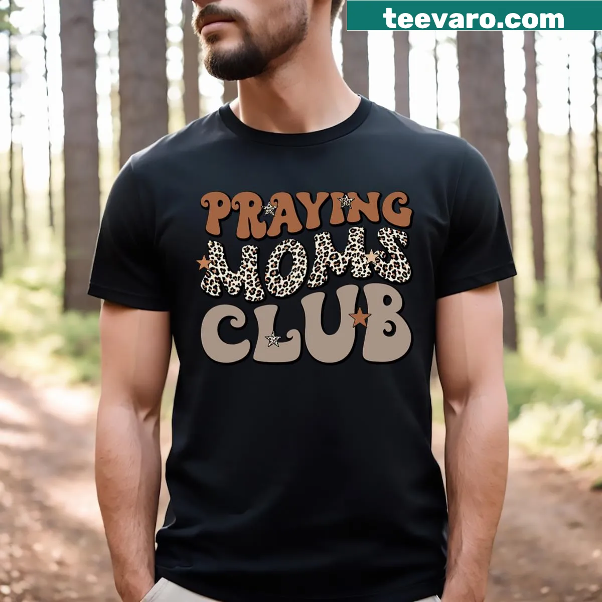 T-shirt featuring 'Praying Moms Club' in a stylish font — on a men's t-shirt