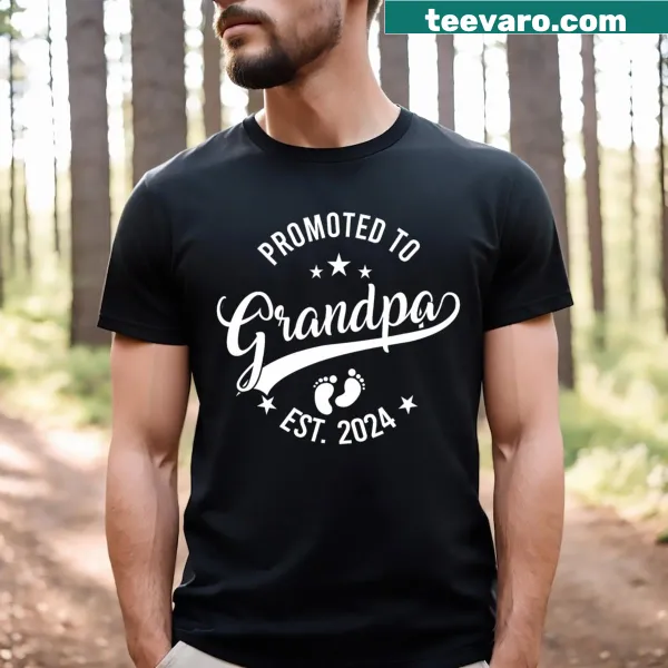 Promoted To Grandpa Est 2024 graphic t-shirt with bold text