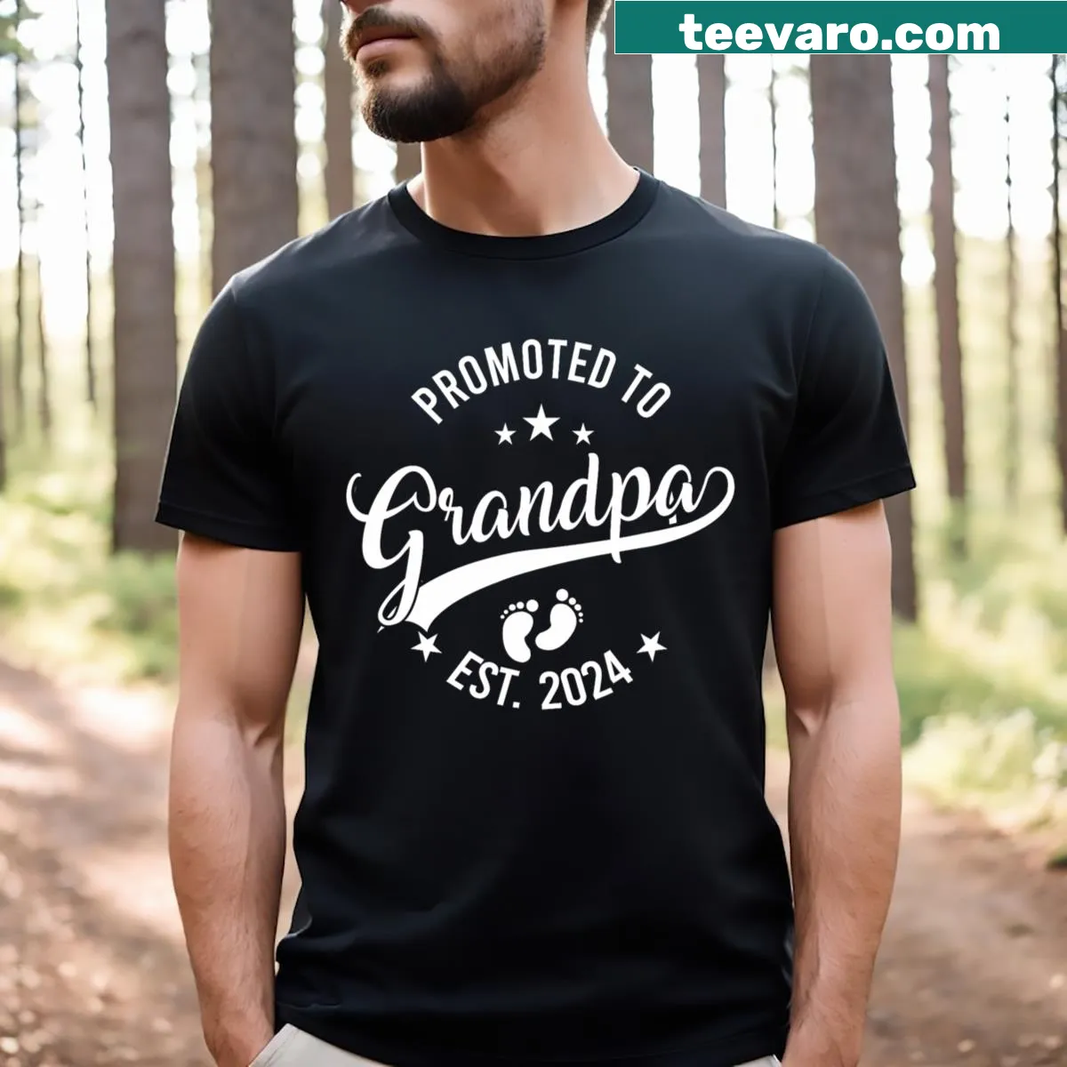 Promoted To Grandpa Est 2024 graphic t-shirt with bold text — on a men's t-shirt