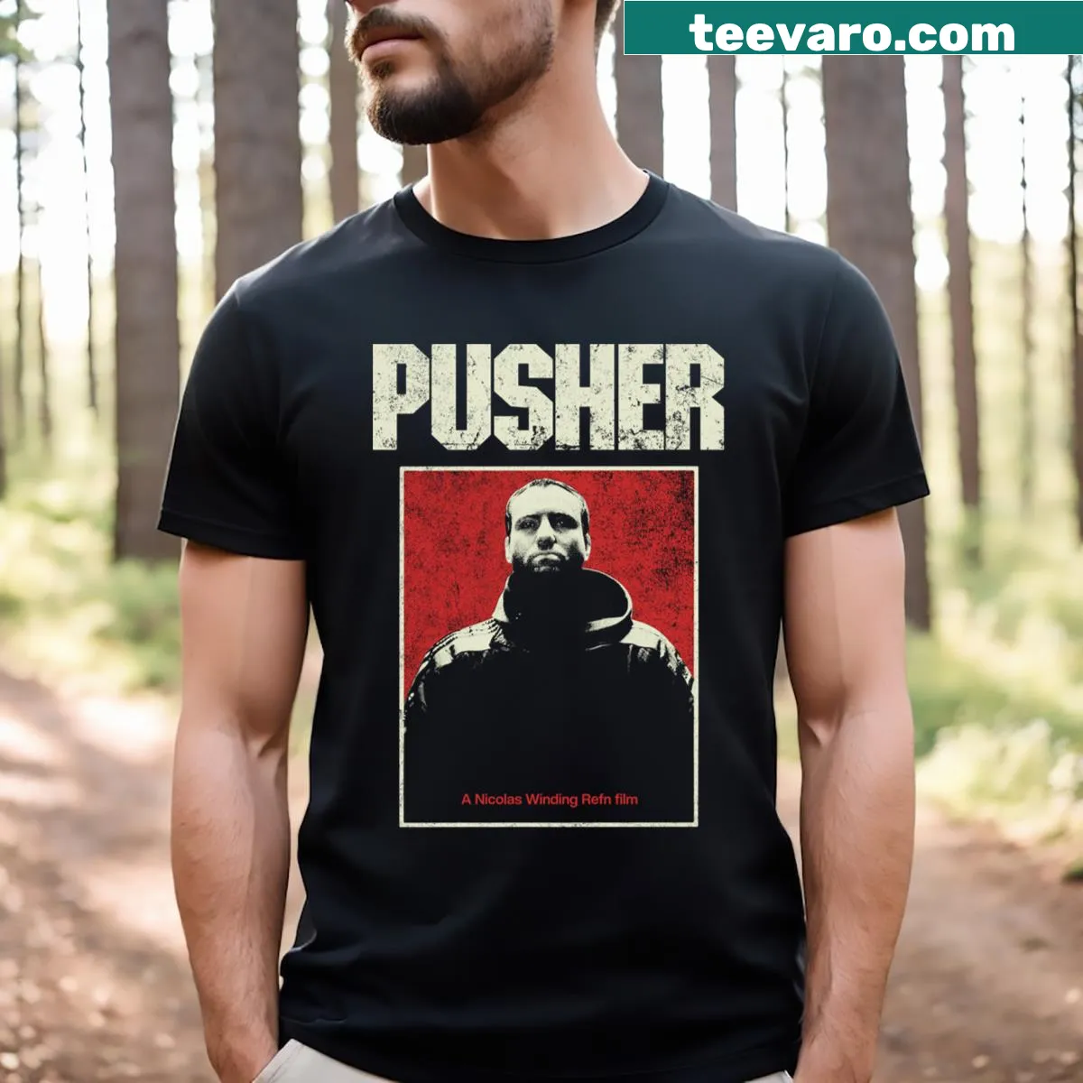 Pusher 2 gaming t-shirt with bold typography — on a men's t-shirt
