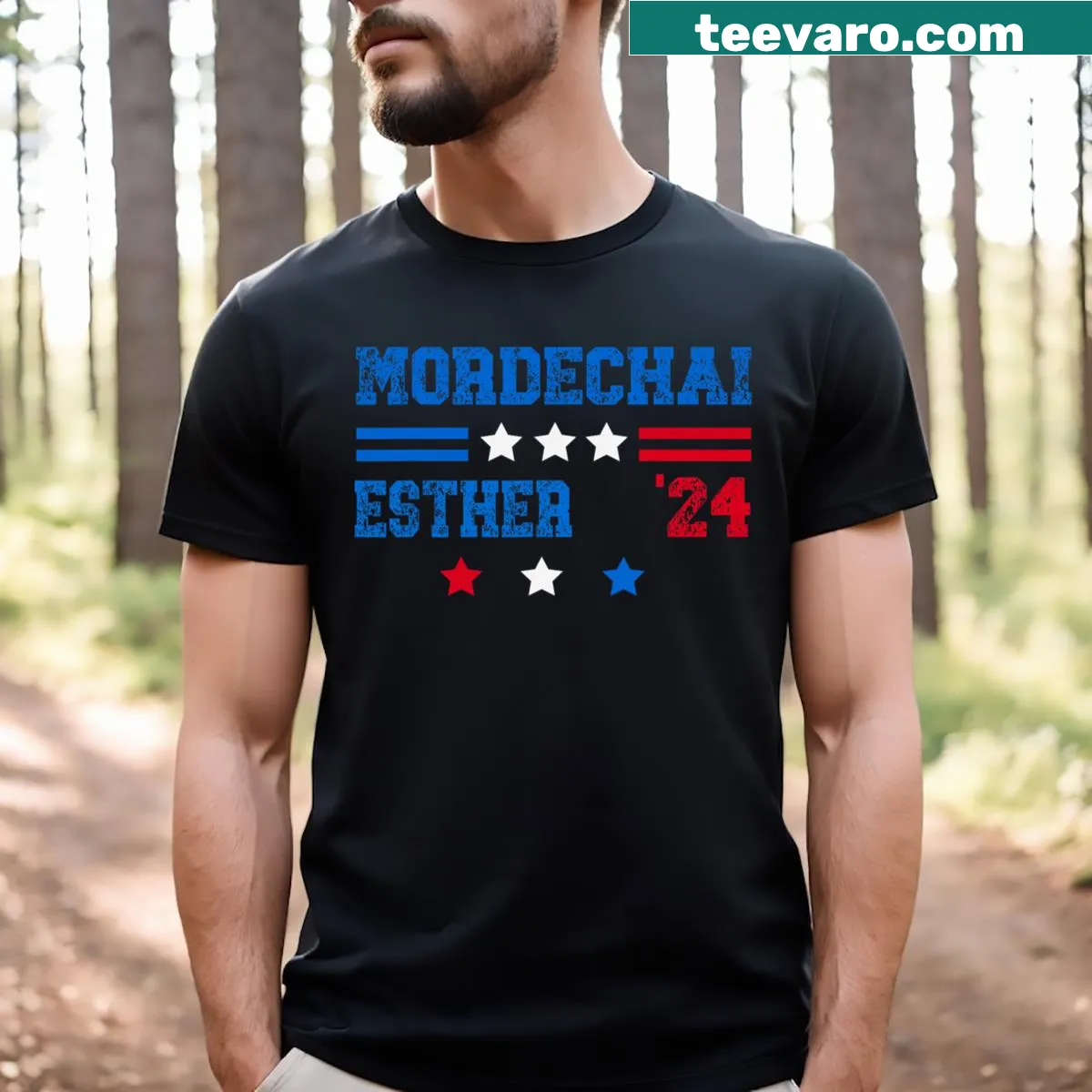 Queen Esther and Mordechai illustration for Purim t-shirt — on a men's t-shirt