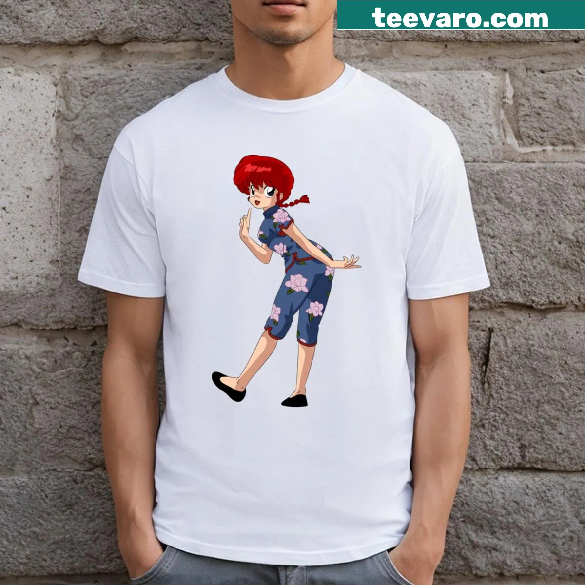 T-shirt featuring a playful graphic of Ranma in pink — on a men's t-shirt