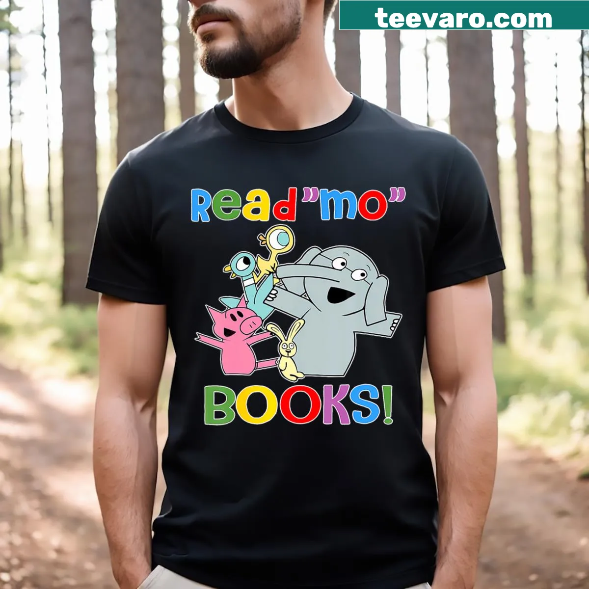 Cute t-shirt with elephant and pigeon promoting reading — on a men's t-shirt