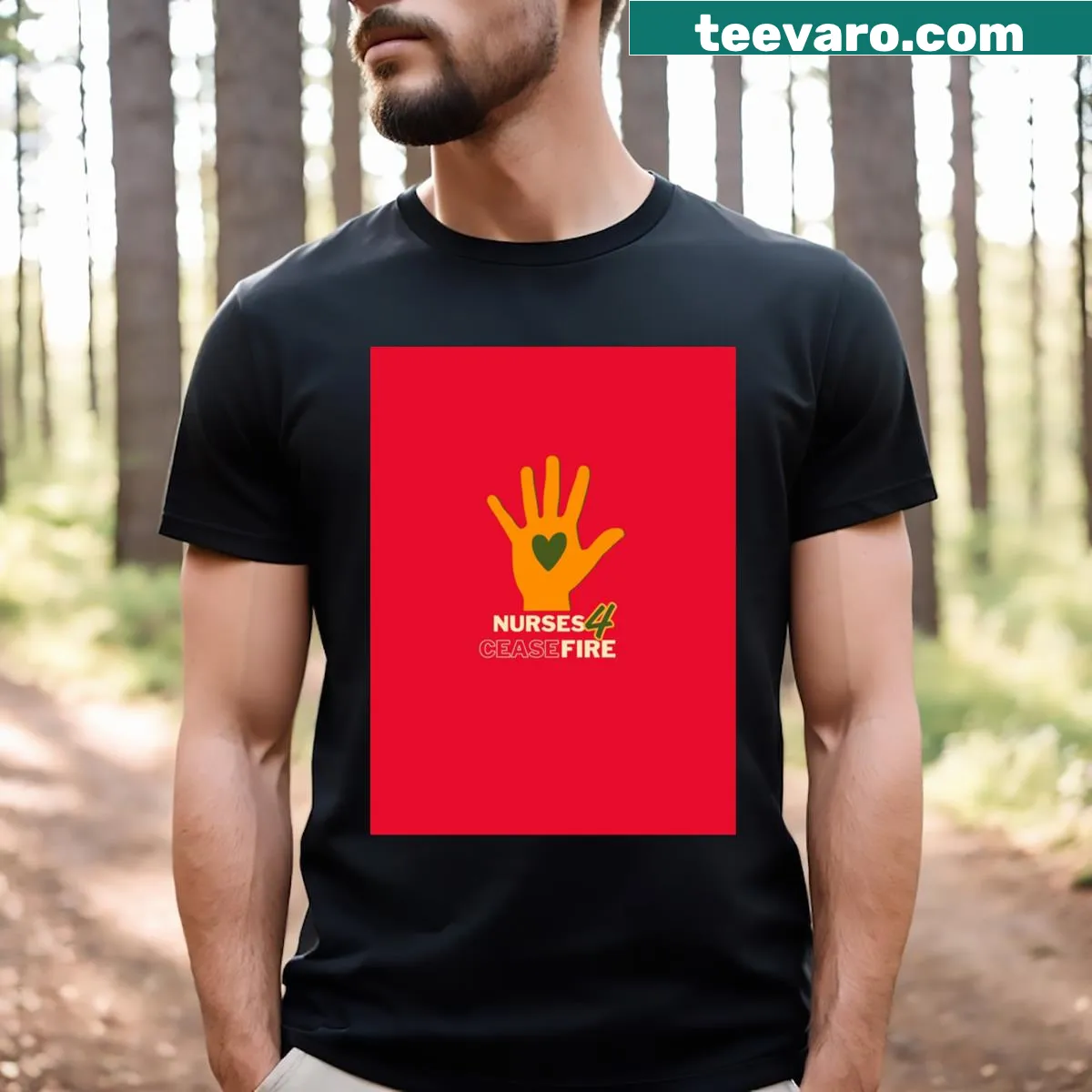 Cease Fire pin graphic t-shirt for nurses — on a men's t-shirt