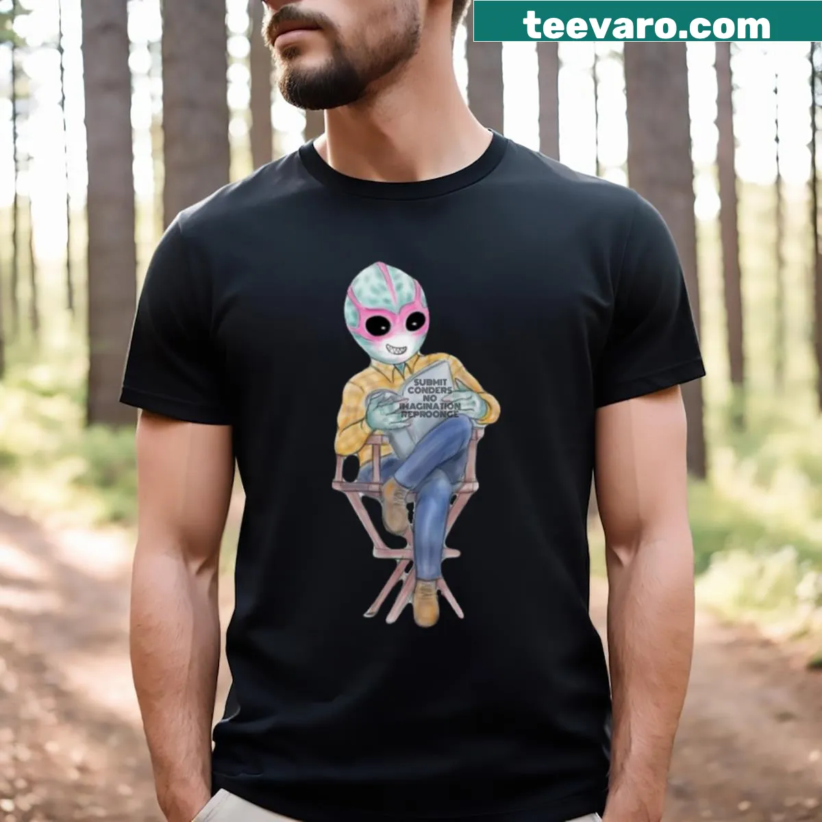 T-shirt featuring the character from Resident Alien in a whimsical design — on a men's t-shirt