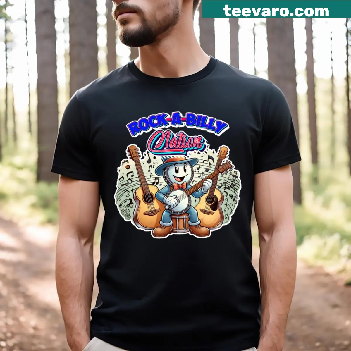 Bold text on T-shirt reading Rockabilly Nation USA All The Way! — on a men's t-shirt