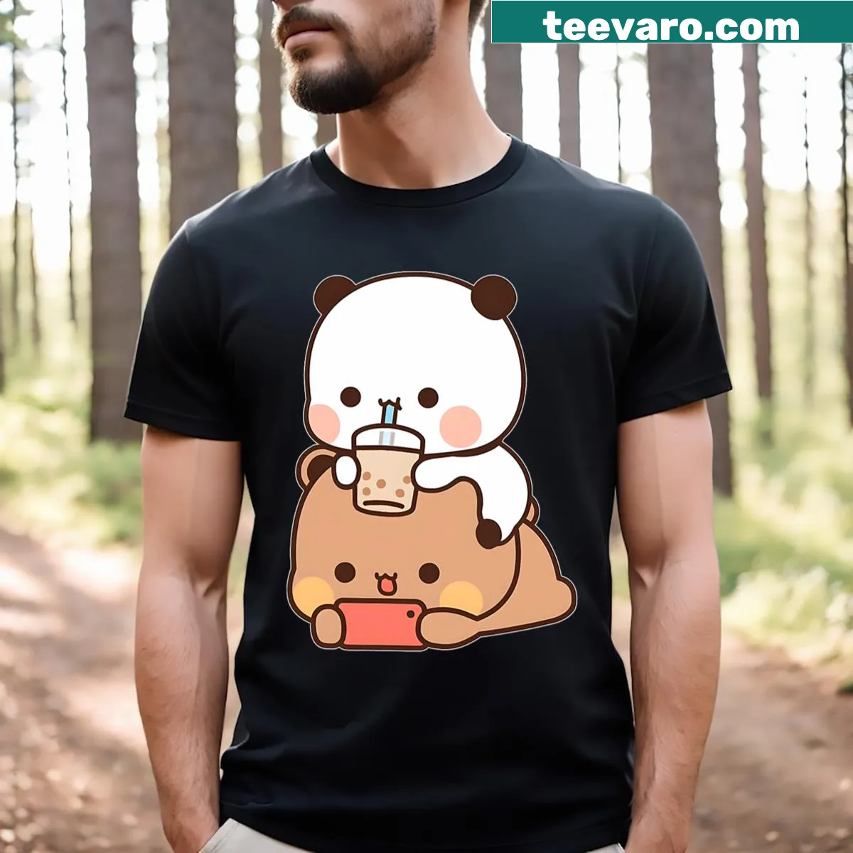 Cute cartoon bubble tea couple on a fleece T-shirt — on a men's t-shirt