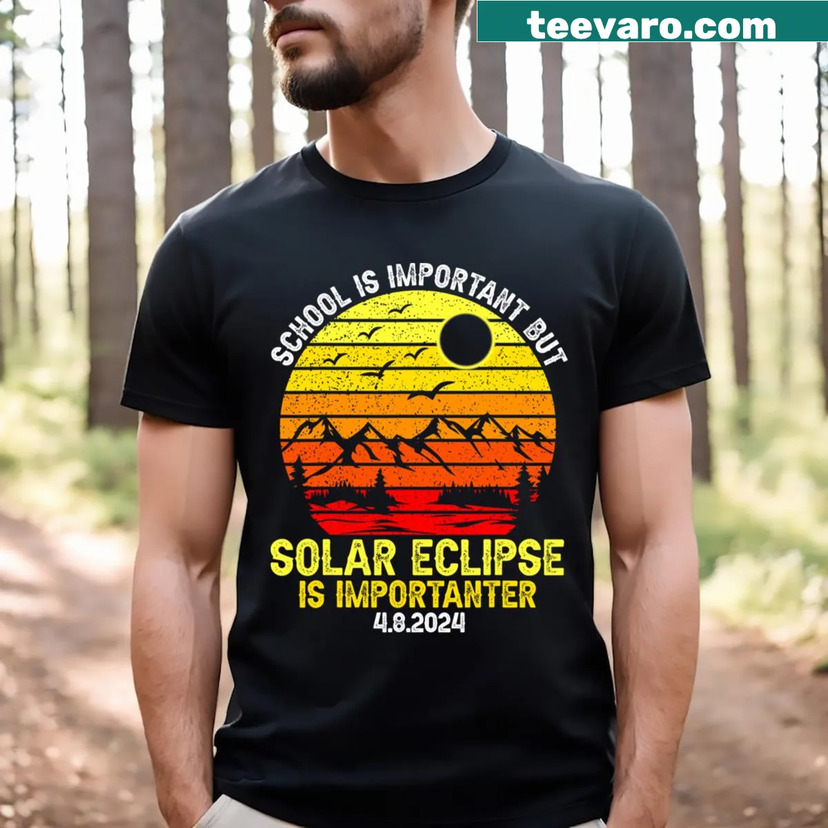 Humorous T-shirt with 'School Is Important But Solar Eclipse Is Importanter' text — on a men's t-shirt